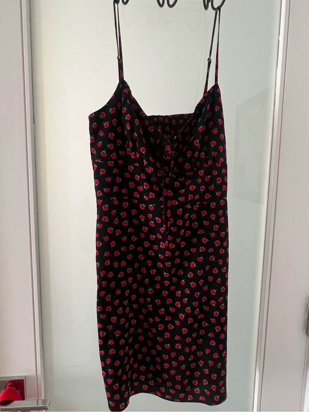 Black Floral Slip Dress with Red Rose Print